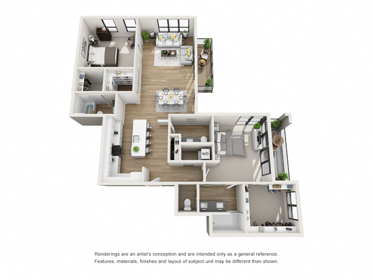 Floor plan for 2 beds, 2.5 baths, 847 sqft